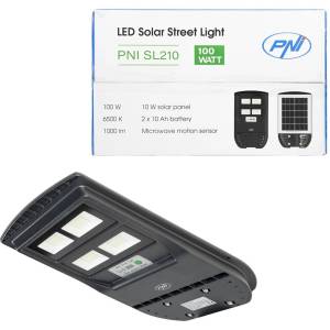 PNI SL210 - LED Улична лампа, 100W, соларен панел 10W, 6500K, 1000lm, батерия 2x10Ah, микровълнов сензор за движение (SL210)