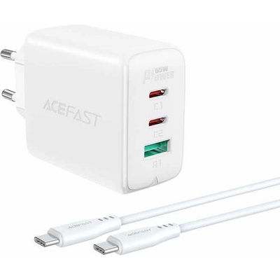 Захранване за ел. мрежа за лаптопи, смартфони и таблети с 2XUSB-C и USB-A изходи и USB-C към USB-C кабел - Acefast A13 PD 65W Charger (бял)