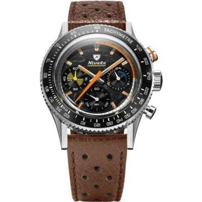 Nivada Grenchen Chronoking Meca Racing Carbon - Inter. Bezel - Brown Racing Strap