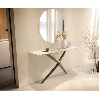 Delife Edge oválný tvar 140×40 cm keramika Calacatta Luxe bílá zlatá šedá Estelo kov titanová barva