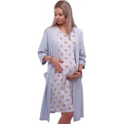 Komplet bavlněná noční košilka s pandami a šedý župan ideální pro těhotenství kojení i do porodnice 1G0707 šedá