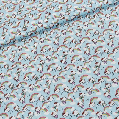 Bavlněné plátno dětské 7023, HELOO KITTY a duha na modré, š.150cm (látka v metráži)