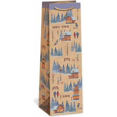 ARGUS Darčeková papierová taška NATUR na víno (11 x 36 cm) - Zasnežená krajina 08340100
