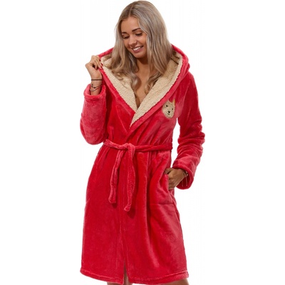 Jahodově červený i béžový dámský župan huňatý z bambusu s beránkovou kapucí a pejskem 1Z1528 červená – Zboží Dáma