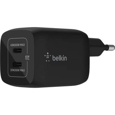 Belkin Boost Charge Pro GaN Dual USB-C Wall Charger PD 65W - захранване за ел. мрежа с 2xUSB-C PD изходи с технология за бързо зареждане (черен)
