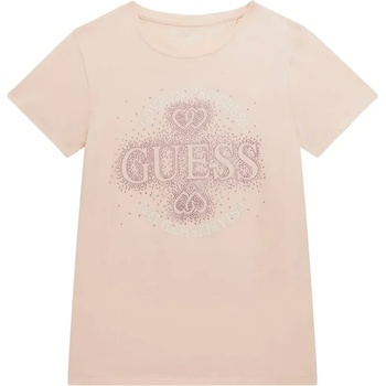GUESS Памучна тениска в прасковен цвят за момиче с бели надписи и розови кристали Guess