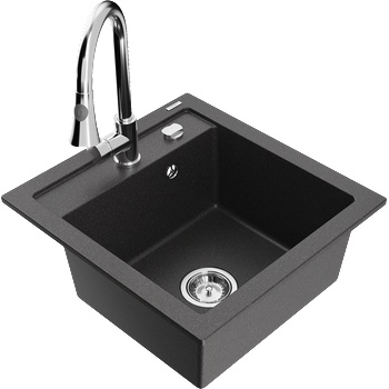 Mexen Vito гранитна кухненска мивка с 1 отделение с кухненски смесител Elia, черен на пръски - 6503-76-670101-00 (6503-76-670101-00)