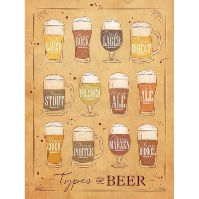 Ceduľa Types of Beer 40 x 30 cm
