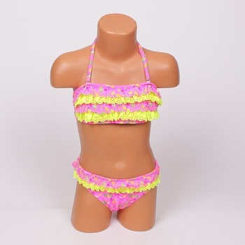 Детски бански в цикламен цвят с къдрички