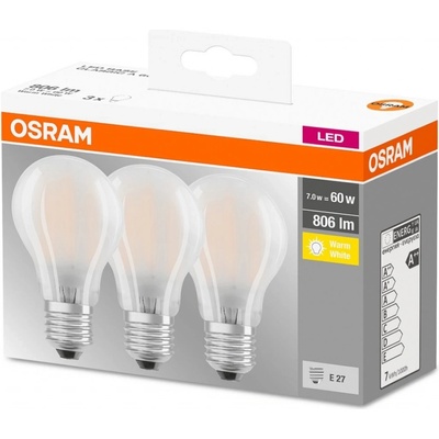 Osram 3PAK LED žiarovka LED E27 A60 7W 60W 806lm 2700K teplá biela 300° Filament Base