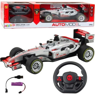 LeanToys Dálkově ovládané RC závodní auto, volant, světla, zvuky, stříbrná 1:12