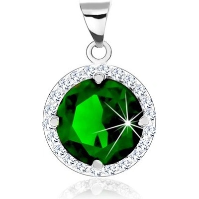 Šperky Eshop Stříbrný přívěsek kulatý smaragdově zelený zirkon čirý zirkonový lem SP63.07