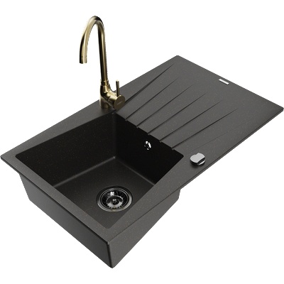 Mexen Cesar гранитна мивка с 1 корито и отцедник и кухненски смесител Telma, черно/златно - 6514-75-670200-50-B (6514-75-670200-50-B)