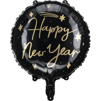 Party Deco Фолиев Балон "Happy New Year", 45 см, Черен