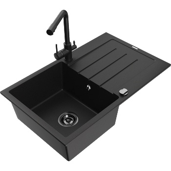 Mexen Bruno гранитна мивка с 1 камера с отцедник и кухненски смесител Duero, черен - 6513-77-671600-70-B (6513-77-671600-70-B)
