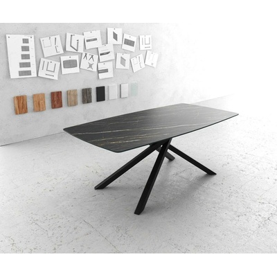 DELIFE Jídelní stůl Edge 200x100 cm keramika zaoblená Laminam® Noir Desir hnědá šikmá podnož kov černá