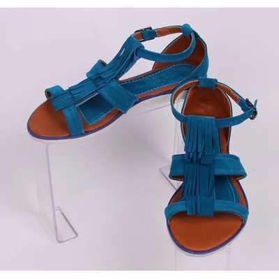 Дамски велурени сандали в синьо с ресни