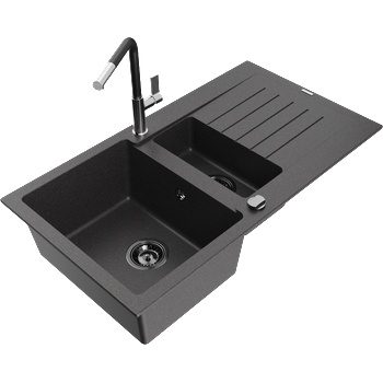 Mexen Matias гранитна мивка с 1, 5 камери с отцедник и кухненски смесител Flora, черно на петна - 6502-76-670401-07-B (6502-76-670401-07-B)