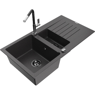 Mexen Matias гранитна мивка с 1, 5 камери с отцедник и кухненски смесител Flora, черно на петна - 6502-76-670401-07-B (6502-76-670401-07-B)