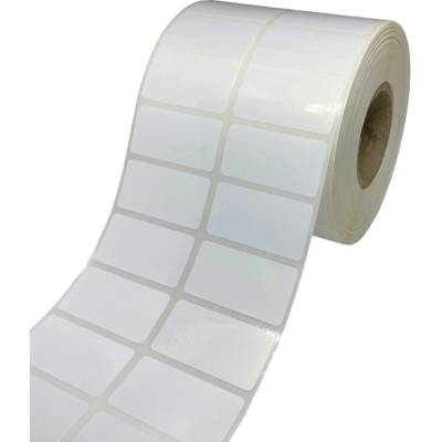 Plastová Etiketa 15 mm x 10 mm, 2 - Produkcia, Polypropylén, Biela, Dutinka 76 mm, 2 x 16670 ks/kotúč, Permanentné lepidlo, Priemer kotúča 198 mm