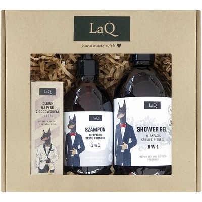 LaQ Doberman svieži sprchový gél 8 v 1 500 ml + čistiaci šampón s hydratačným účinkom 300 ml + ošetrujúci olej na tvár a fúzy 30 ml