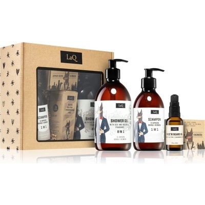 LaQ Doberman svěží sprchový gel 8 v 1 500 ml + čisticí šampon s hydratačním účinkem 300 ml + pečující olej na obličej a vousy 30 ml + tuhé mýdlo 85 g