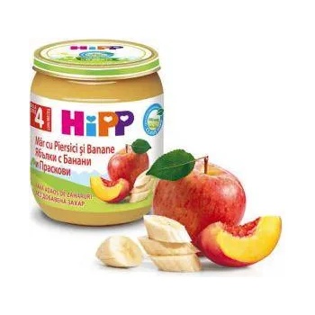 HiPP Пюре Hipp, Био ябълки, банани и праскови, 125 гр, 9062300134237