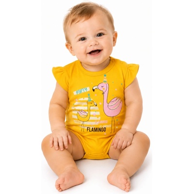 Baby Nellys Bavlněné kojenecké body kr. rukáv Flamingo hořčicové