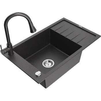 Mexen Elias гранитна мивка с 1 гнездо, с отцедник и кухненски смесител Elia, черен на петна - 6511-76-670101-76 (6511-76-670101-76)