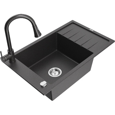 Mexen Elias гранитна мивка с 1 гнездо, с отцедник и кухненски смесител Elia, черен на петна - 6511-76-670101-76 (6511-76-670101-76)