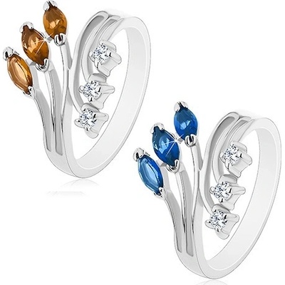 Šperky eshop prsten stříbrné s rozvětvenými rameny čiré a barevné zirkony R48.19 Hnědá