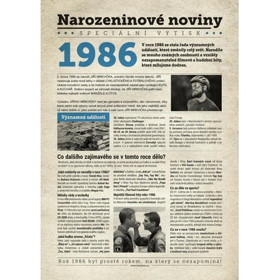 Narozeninové noviny 1986 s vlastní fotografií a textem S textem