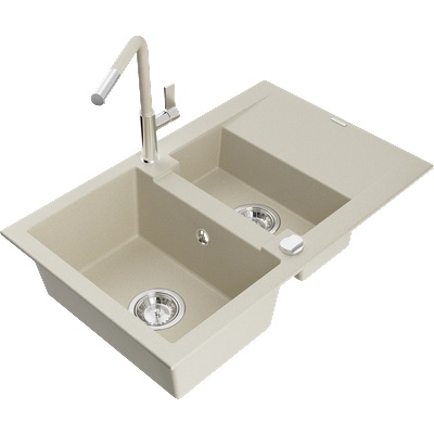 Mexen Gaspar мивка гранитна с 1, 5 камери с отцедник и кухненски смесител Flora, бежов - 6507-69-670401-09 (6507-69-670401-09)
