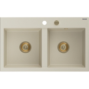 Mexen Hektor гранитна мивка с 2 отделения 800 x 480 мм, бежова, златен сифон - 6521802000-69-G (6521802000-69-G)