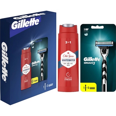 Gillette Dárková Sada: Mach3 pánský holicí strojek, Old Spice Whitewater 3 v 1 sprchový gel se svěží vůní 250 ml