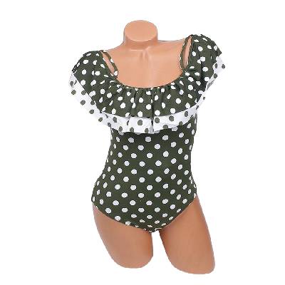 Маслено-зелен цял бански на бели точки - чашка В