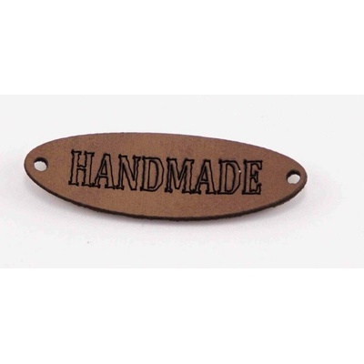 Našívacia kožená štítok Handmade - ovál - hnedá - rozmer 3,5 x 1 cm