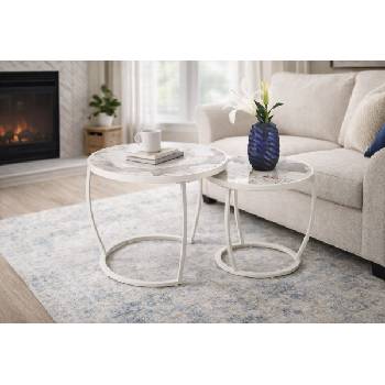 ЕВРОМАР Комплект кръгли холни маси ines бежов мрамор / бяло