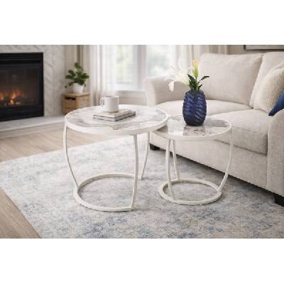 ЕВРОМАР Комплект кръгли холни маси ines бежов мрамор / бяло