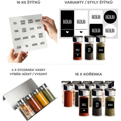 Orion Sada kořenek SPICEBLACK 100 ml + 4 ks organizér na kořenky VASKY NEREZ + sada štítků 16 ks