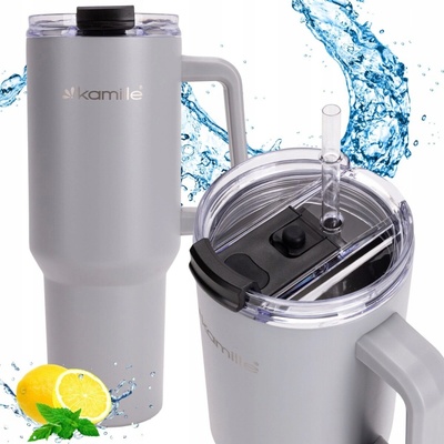 Kamille ocelový termohrnček s rukejťem a slamkou 1200 ml sivý