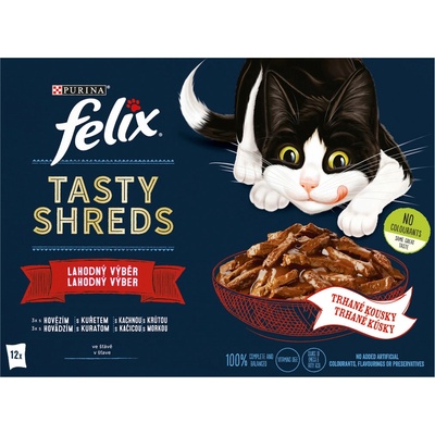 Felix Tasty Shreds hovězí, kuře, kachna, krůta ve šťávě 12 x 80 g