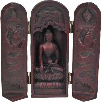 Sanu Babu Buddha, cestovní oltář, červeno hnědý, pryskyřice, 21cm