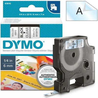 Páska Dymo D1, 6mm (43610) průhledná, černý tisk, 7m