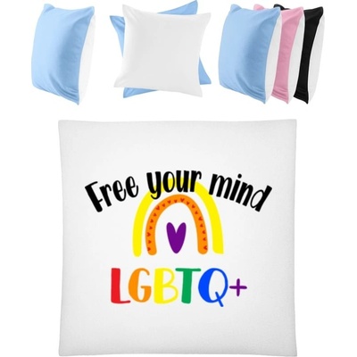 Darčeky PrintEQ Štvorcový Farebný Vankúš Dúhový nápis Free your mind Biela Nebeská modrá 40x40