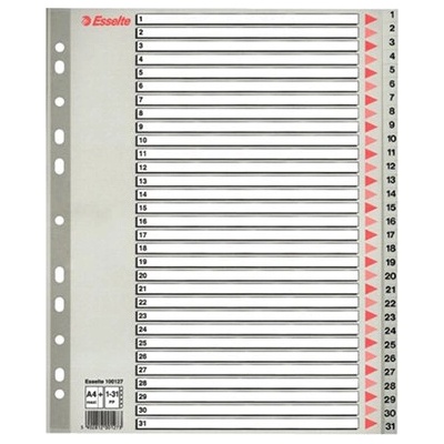 Farebné registre, šedá, A4 Maxi, plast, 1-31, ESSELTE