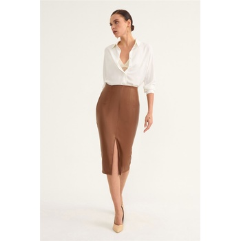 Base Дамска кожена пола с цепка - Кафява #320833 (320833_Кафяво)