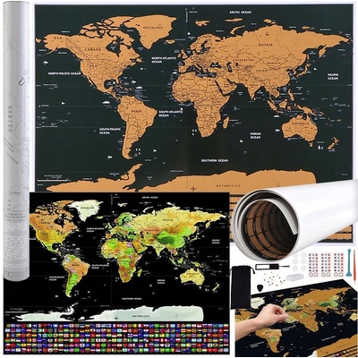 Stírací mapa světa černá s vlajkami 82x59cm s doplňky Malatec 23442