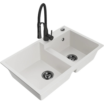 Mexen Tomas гранитна мивка с 2 отделения и кухненски смесител Aster, бял - 6516-20-73450-70-B (6516-20-73450-70-B)