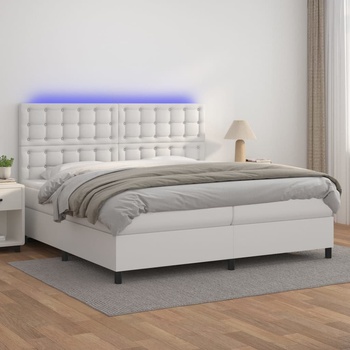 vidaXL Боксспринг легло с матрак и LED бяло 200x200 см изкуствена кожа (3135964)